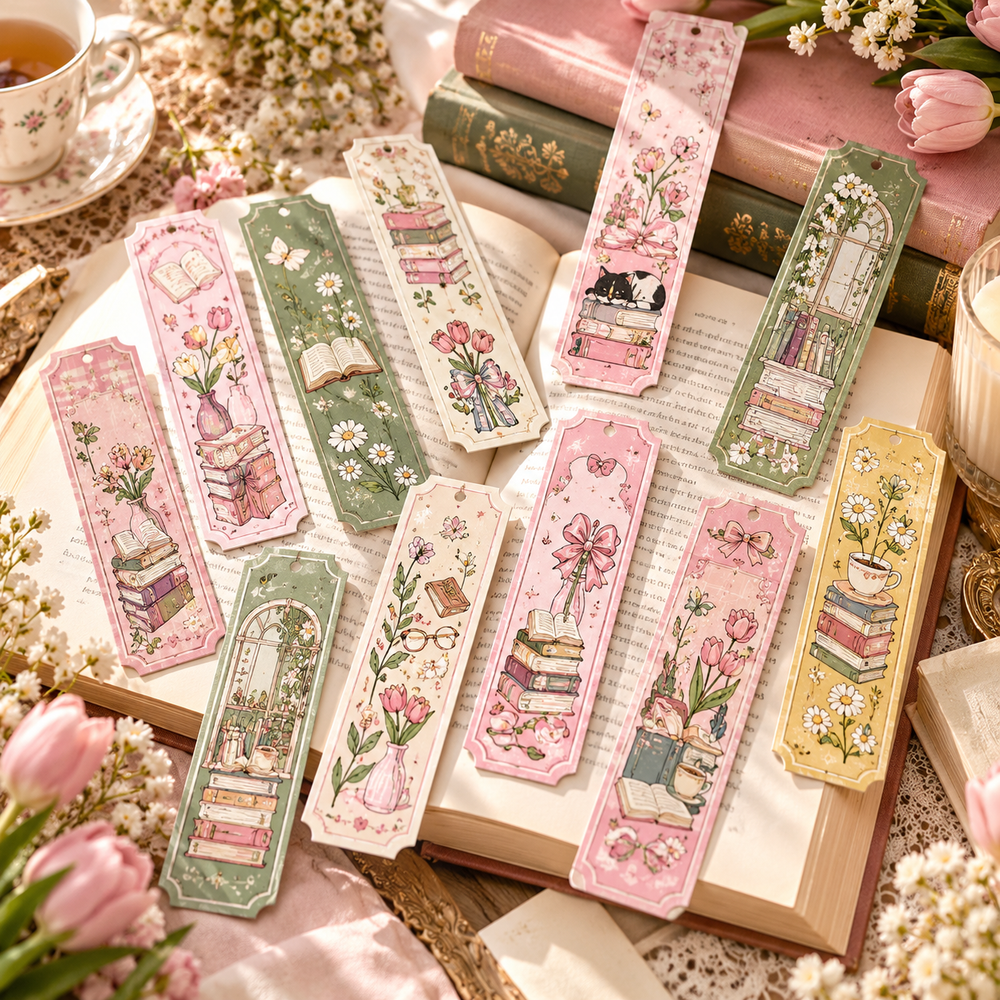 Cozy reading corner with illustrated bookmarks