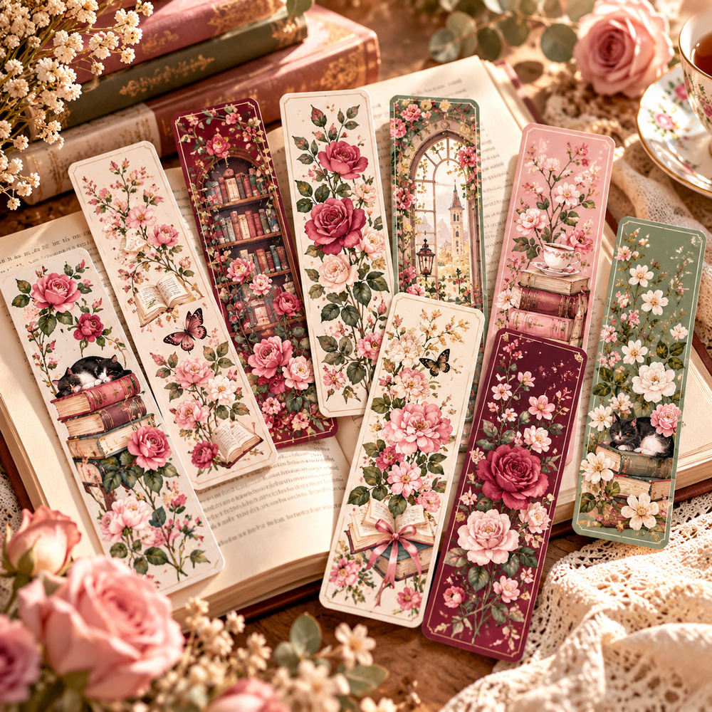 Cozy reading corner with illustrated bookmarks
